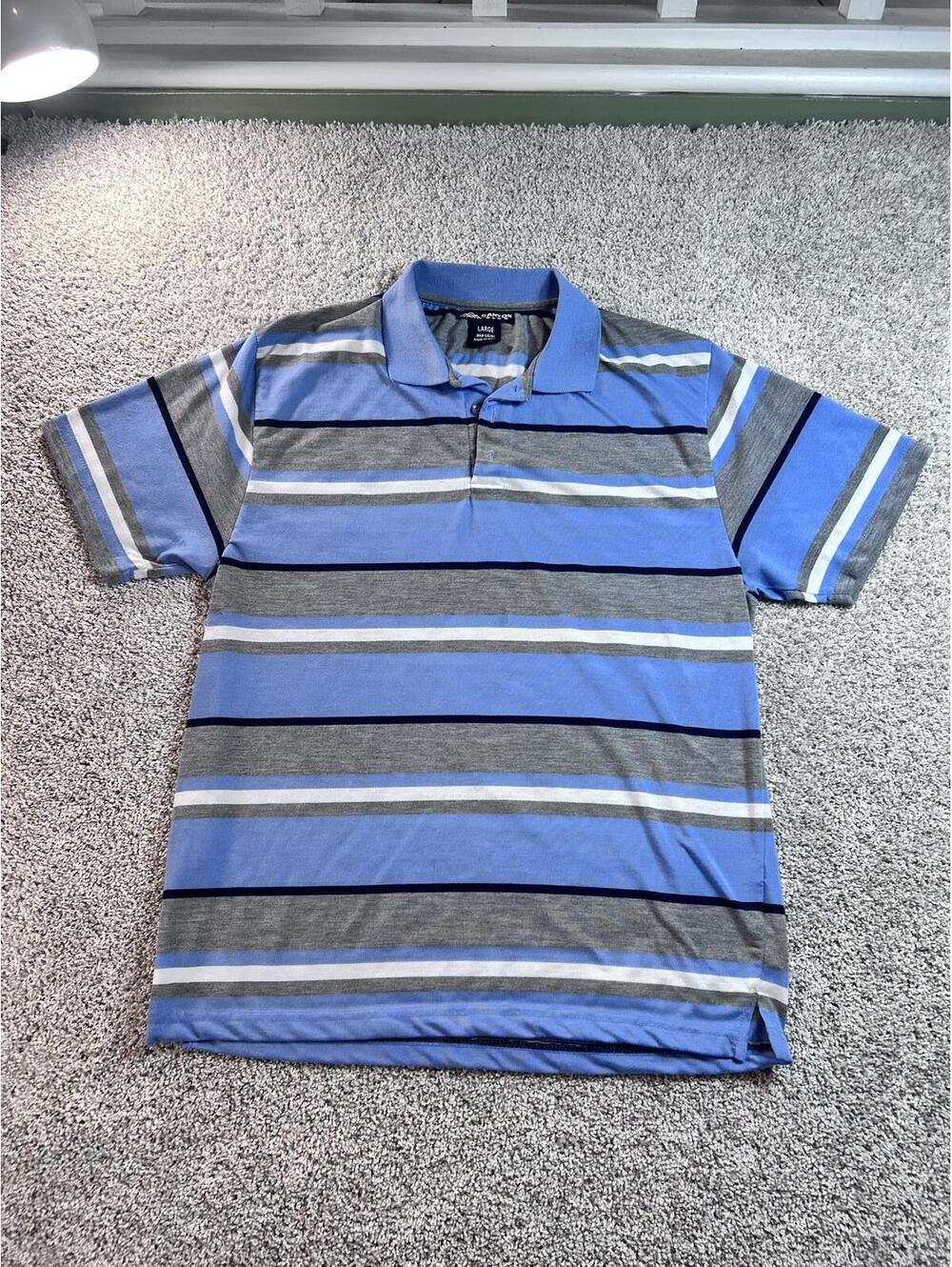 Canyon Club Men's Large Blue and Gray Striped Polo Shirt